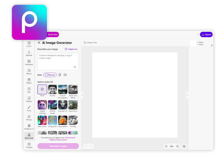 text to image UI of Picsart to generate album cover